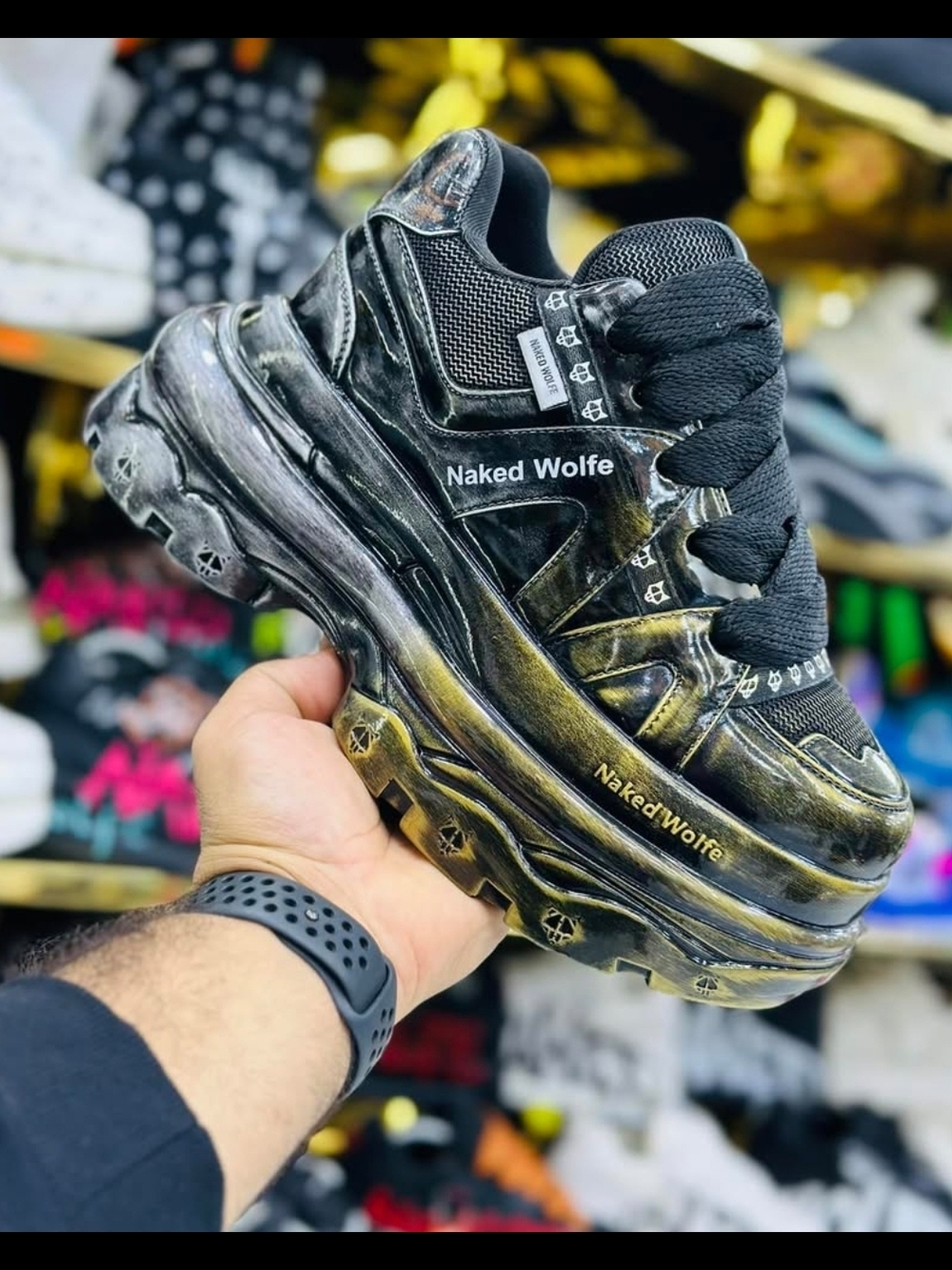 Naked Wolfe Black and Gold Distressed Chunky Platform Sneaker